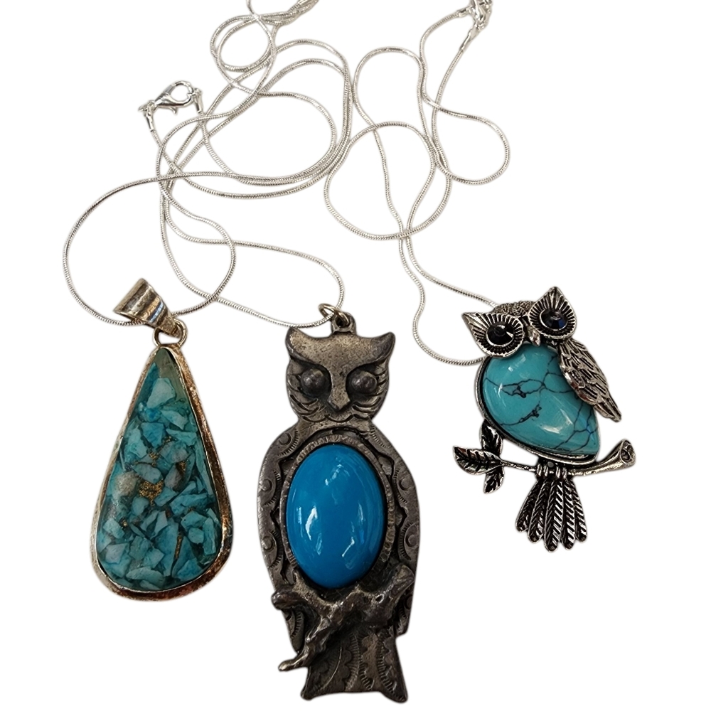 Bundle of 2 Owl Pendant Necklaces Antique Silver Tone - plus Bonus Pendant
